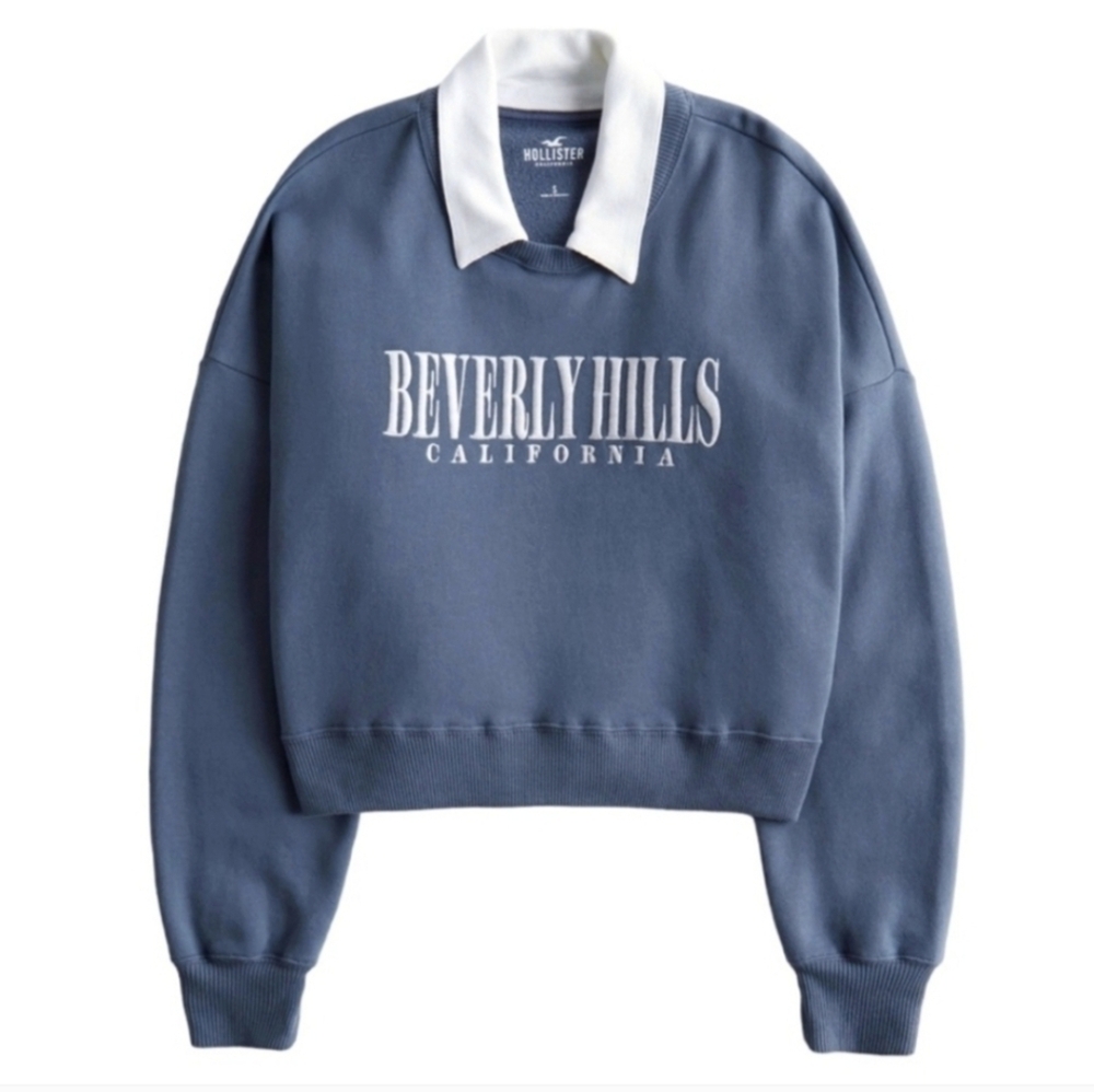 Hollister Beverly Hills Collared Cropped Graphic Sweatshirt in Blue Small